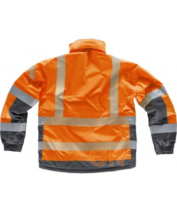 Parka acolchada e impermeable en alta visibilidad color naranja flúor y gris con cintas segmentadas
