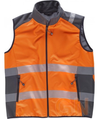 Chaleco softshell en Alta visibilidad naranja flúor con cintas reflectantes segmentadas