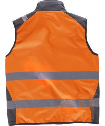 Chaleco softshell en Alta visibilidad naranja flúor con cintas reflectantes segmentadas