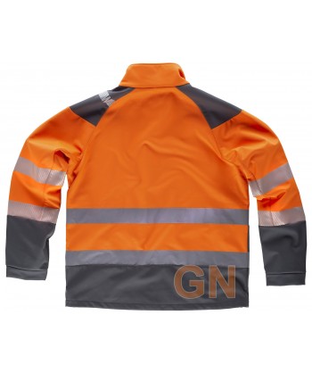 Softshell de trabajo en alta visibilidad color naranja flúor y gris oscuro con cintas segmentadas