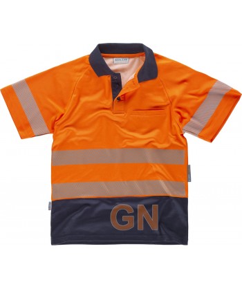 Polo técnico bicapa en alta visibilidad con cintas segmentadas  color naranja flúor y marino