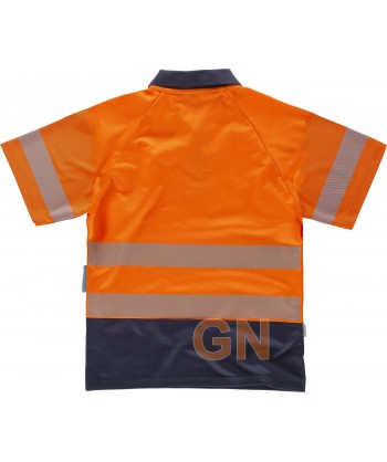 Polo técnico bicapa en alta visibilidad con cintas segmentadas  color naranja flúor y marino