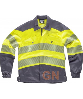 Chaqueta bielástica de alta visibilidad con cintas segmentadas color amarillo flúor y gris