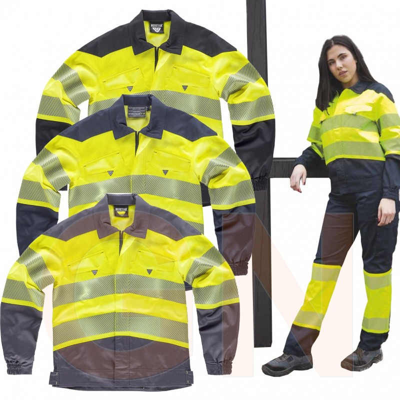 Chaqueta bielástica de alta visibilidad con cintas segmentadas color amarillo flúor y marino
