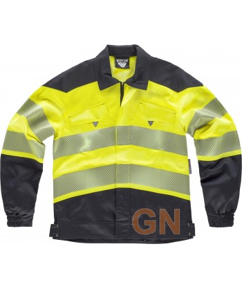 Chaqueta bielástica de alta visibilidad con cintas segmentadas color amarillo flúor y negro