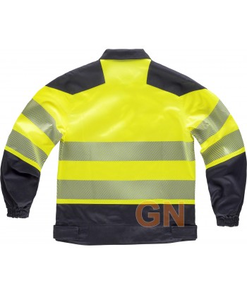 Chaqueta bielástica de alta visibilidad con cintas segmentadas color amarillo flúor y negro