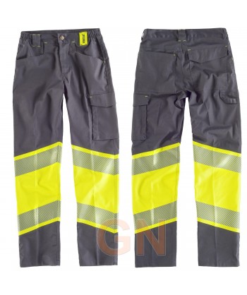 Pantalón elástico, bicolor gris y amarillo alta visibilidad con cinta segmentada