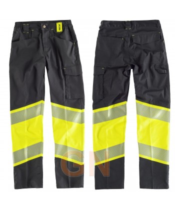 Pantalón elástico, bicolor negro y amarillo alta visibilidad con cinta segmentada
