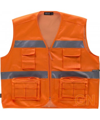 Chaleco alta visibilidad multibolsillos tipo reportero naranja flúor