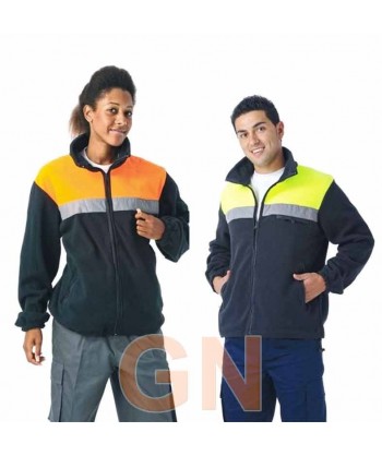 Chaqueta polar alta visibilidad bicolor con cintas reflectantes color marino y naranja flúor