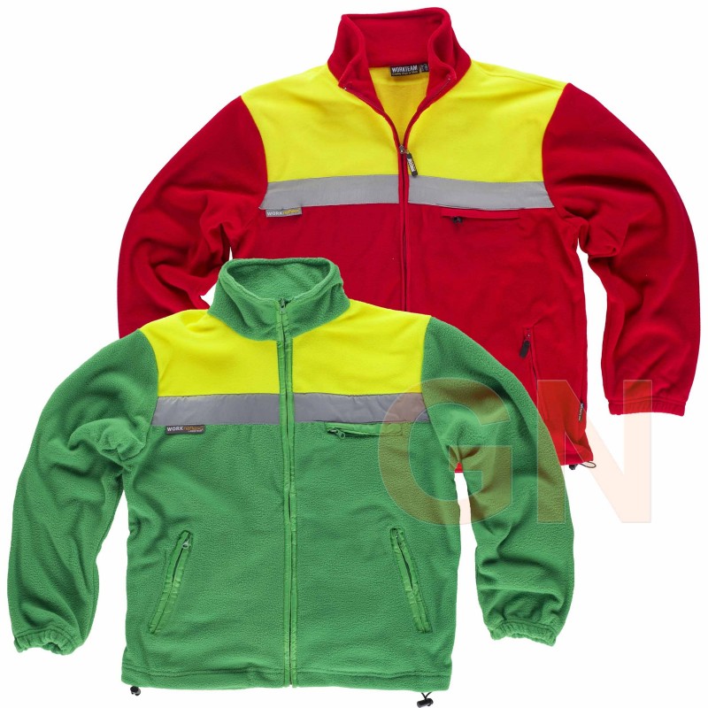 Chaqueta bicolor de forro polar con cintas reflectantes color verde y amarillo alta visibilidad