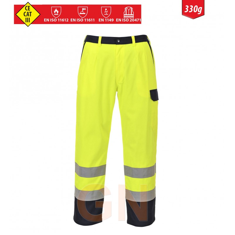 Pantalón ignífugo de alta visibilidad y antiestático color amarillo flúor. Portwest FR92