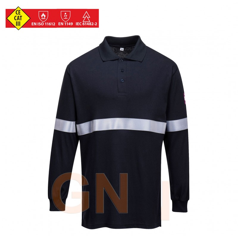 Polo ignífugo, antiestático y anti arco eléctrico modacrílico con cintas reflectantes