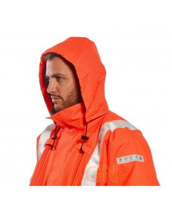 Cazadora acolchada, ignífuga, antiestática con protección química en alta visibilidad color naranja flúor