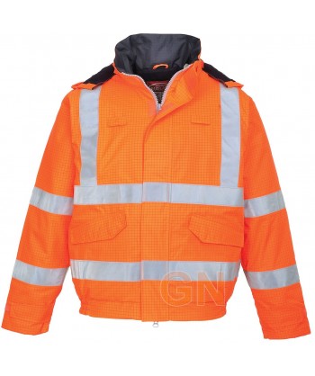Cazadora acolchada, ignífuga, antiestática con protección química en alta visibilidad color naranja flúor