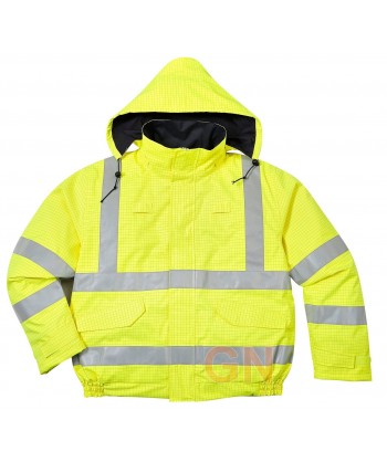 Cazadora acolchada, ignífuga, antiestática con protección química en alta visibilidad color amarillo flúor