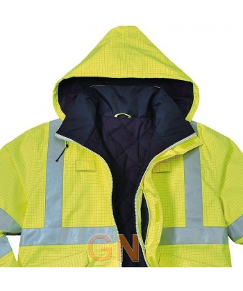 Cazadora acolchada, ignífuga, antiestática con protección química en alta visibilidad color amarillo flúor