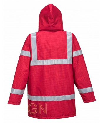 Parka impermeable, acolchada, ignífuga, antiestática con protección química color rojo