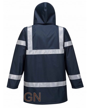 Parka impermeable, acolchada, ignífuga, antiestática con protección química color marino