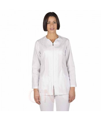 Casaca sanitaria de manga larga con cremallera para mujer color blanco
