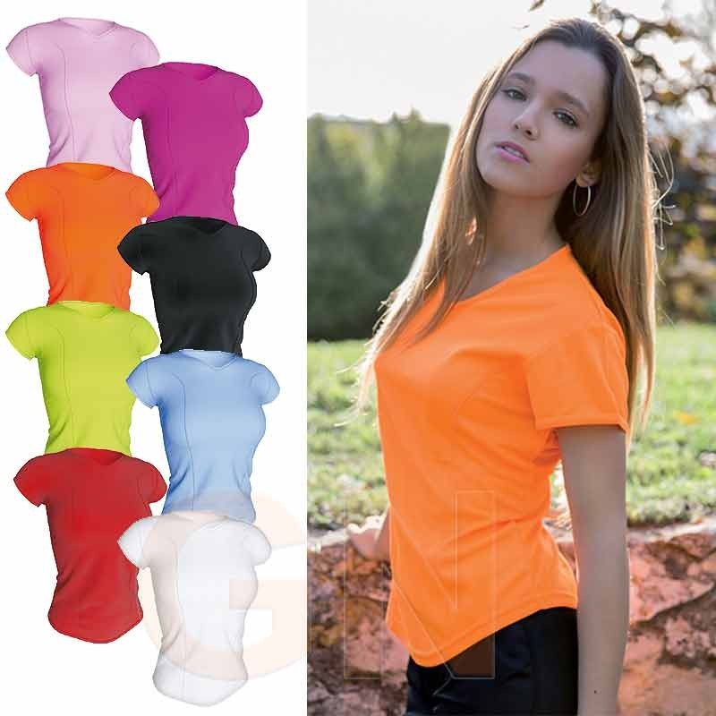 Camiseta transpirable, manga corta y cuello pico color naranja