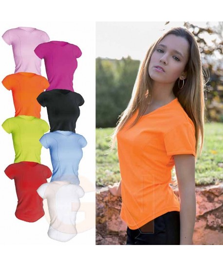 Camiseta transpirable, manga corta y cuello pico color naranja