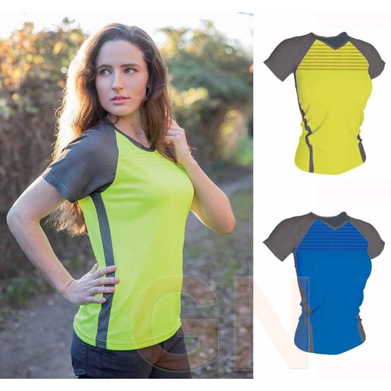 Camiseta transpirable de cuello pico y manga corta para mujer color amarillo alta visibilidad con gris