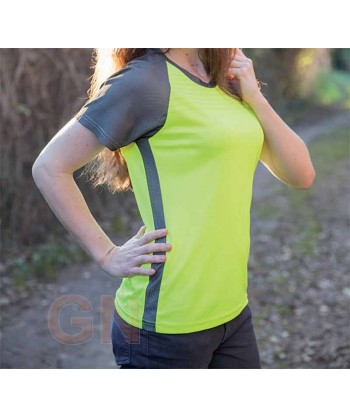 Camiseta transpirable de cuello pico y manga corta para mujer color amarillo alta visibilidad con gris