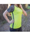 Camiseta transpirable de cuello pico y manga corta para mujer color amarillo alta visibilidad con gris