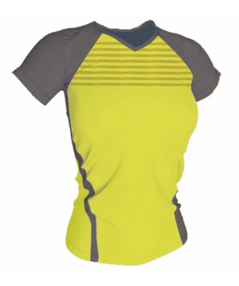 Camiseta transpirable de cuello pico y manga corta para mujer color amarillo alta visibilidad con gris