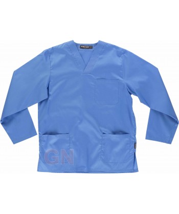 Casaca unisex de manga larga y cuello pico color celeste