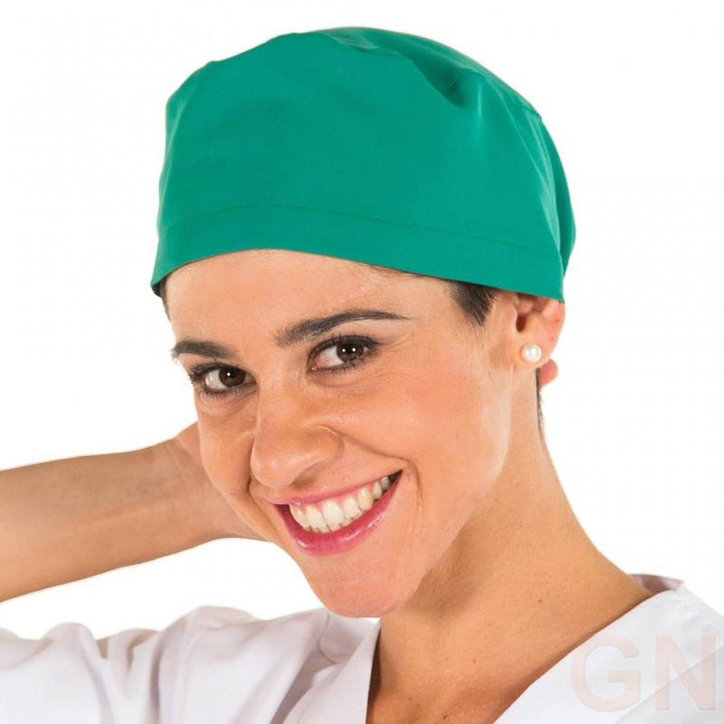 Gorro sanitario liso de microfibra con gomas o tiras. Color verde