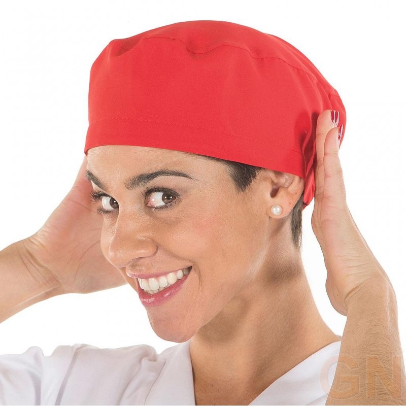 Gorro sanitario liso de microfibra con gomas o tiras. Color rojo