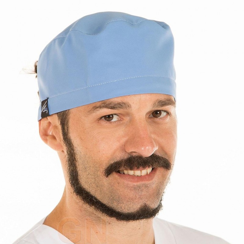 Gorro sanitario liso de microfibra con gomas o tiras. Color celeste