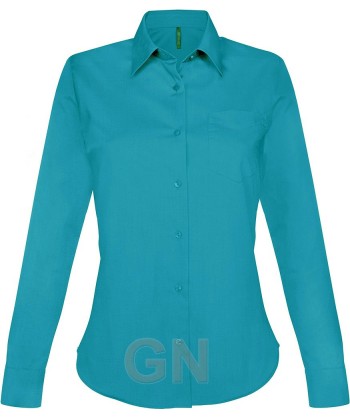 Camisa de manga larga con bolsillo para mujer, color turquesa