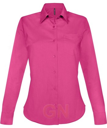 Camisa de manga larga con bolsillo para mujer, color fucsia