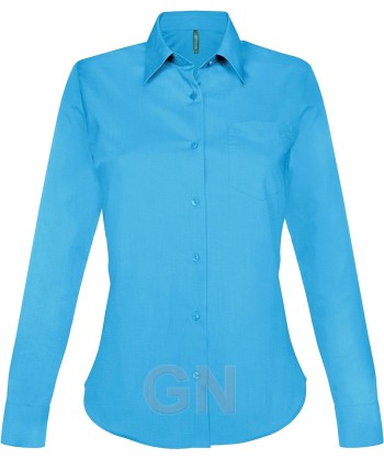 Camisa de manga larga con bolsillo para mujer, color celeste