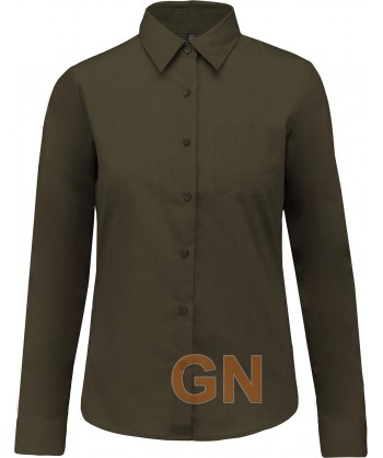 Camisa de manga larga con bolsillo para mujer, color kaki
