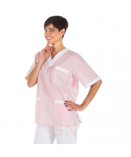 Casaca de señora de tejido vichy de manga corta y cuello pico color rosa