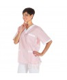 Casaca de señora de tejido vichy de manga corta y cuello pico color rosa