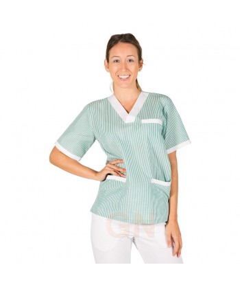 Casaca de señora de tejido vichy de manga corta y cuello pico color verde