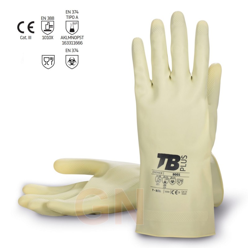 Guantes largos de látex beige para uso en industria química y alimentaria
