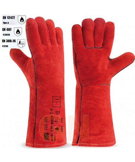 Guantes largos de serraje rojo para soldadura MIG (40 cm)