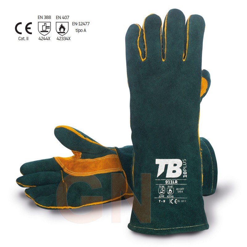 Guante con refuerzos de serraje verde para soldadura, con foro y con hilo kevlar