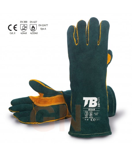 Guante con refuerzos de serraje verde para soldadura, con foro y con hilo kevlar