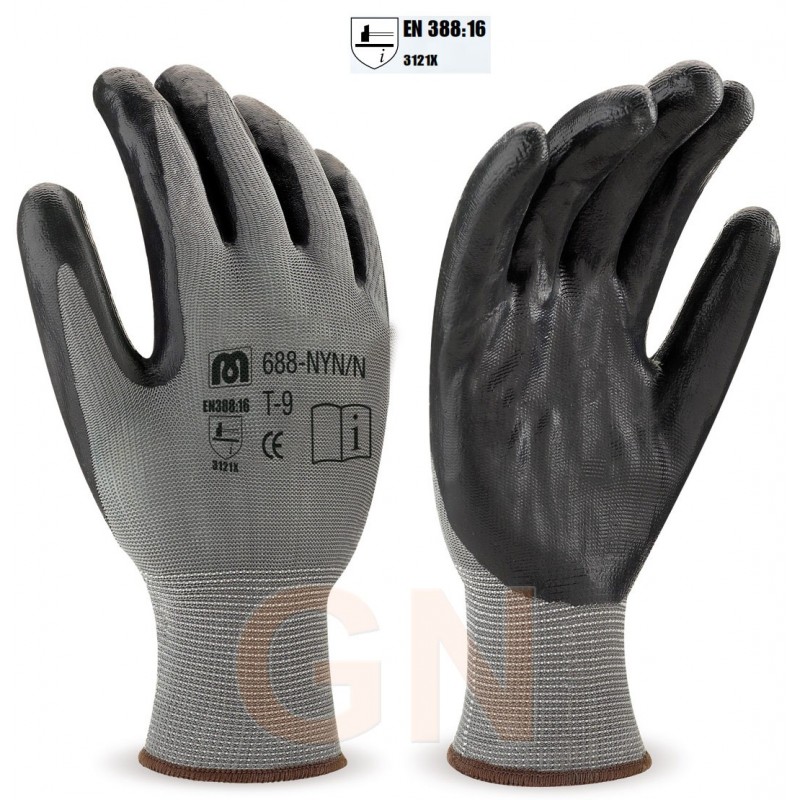 Guantes finos de nylon y nitrilo color gris/negro