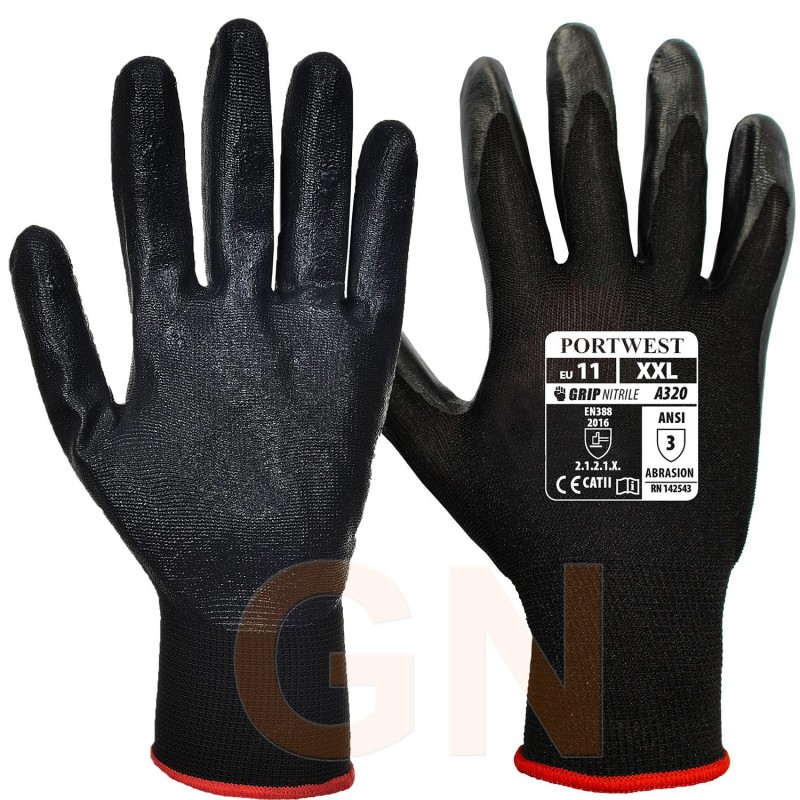 Guante fino de nylon, poliéster mejorado y nitrilo negro/negro