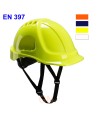 Casco dieléctrico de ABS con barbuquejo de 4 puntos de anclaje incluido, color amarillo alta visibilidad