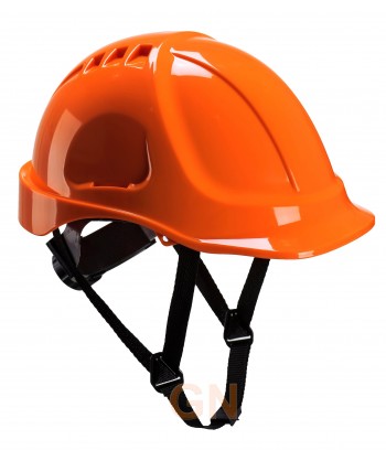 Casco dieléctrico de ABS con barbuquejo de 4 puntos de anclaje incluido, color naranja alta visibilidad