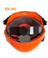 Casco protección naranja con barbuquejo